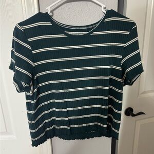 American Eagle Outfitters Dark Green and Cream Ribbed Stripe Crop Tee